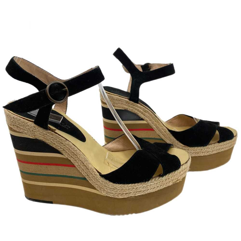 Andre Assous Black Beige Wedges Open Toe Striped Buckle | Womens 9.5